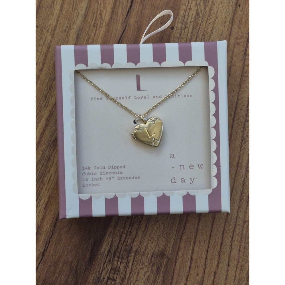 A New Day "L" 14K Gold Dipped Heart Locket Necklace Cubic Zirconia 16in S31